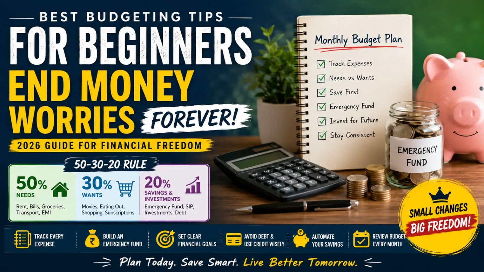 Best Budgeting Tips for Beginners 2026 feature image with savings, budget planning