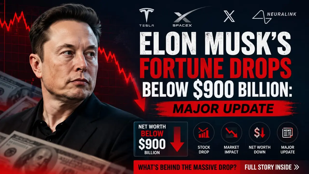Elon Musk Fortune drops below $900 billion after major market losses today.