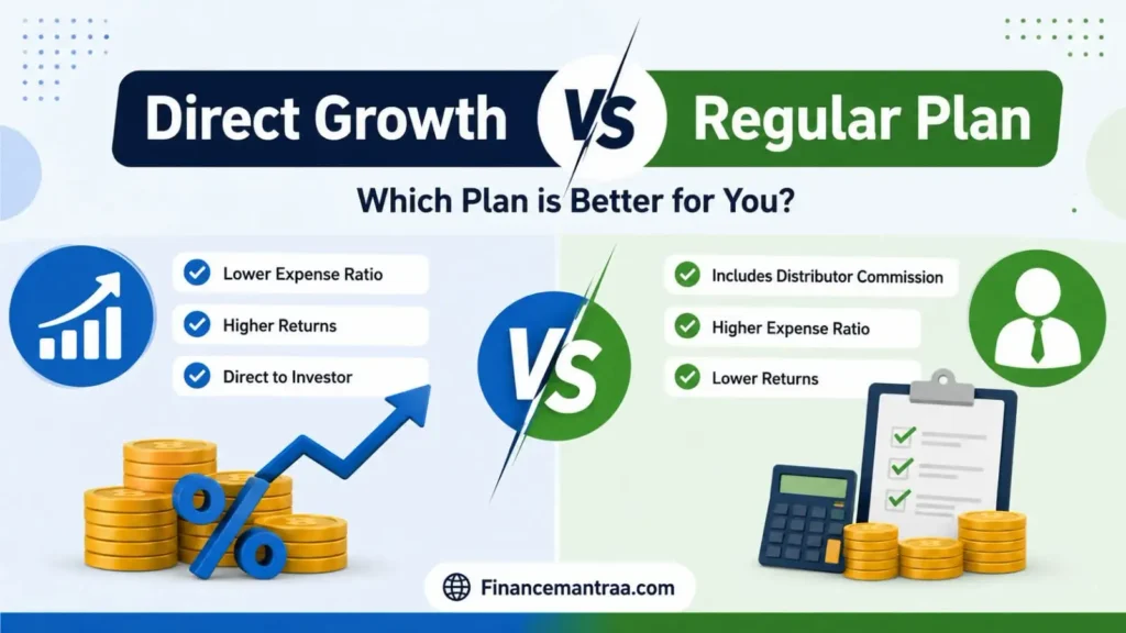 Now here comes an important choice. When you invest, you will see two options, Direct and Regular. The Direct Growth plan is bought straight from the fund house, without any distributor involved. Because no commission is paid out, the expense ratio is lower, meaning slightly better returns for you over the long run. The Regular plan involves a distributor or advisor, who earns a small commission from the fund house. This commission is already built into the expense ratio, so your returns are a touch lower compared to Direct. In my experience, if you are comfortable doing your own research or using apps like Groww and Coin, going Direct makes more financial sense. However, if you genuinely need hand-holding, paying a little extra through Regular for a good advisor isn’t a bad deal either. It depends on your comfort level.